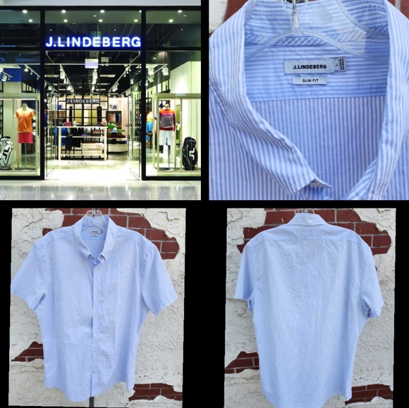 LARGE men J. LINDEBERG stripe slim fit short sleeve button down shirt SLIM FIT - Picture 1 of 16